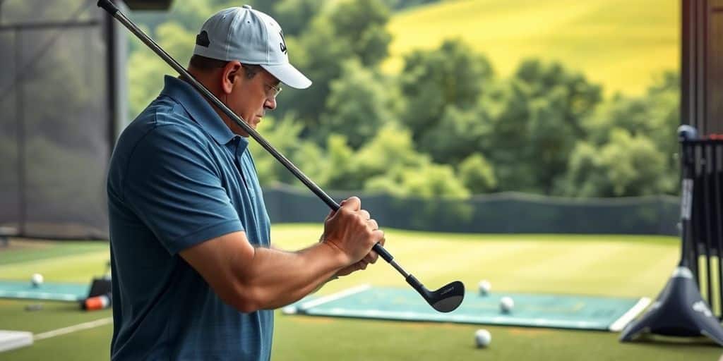 Golfer practicing swing at driving range with golf balls.