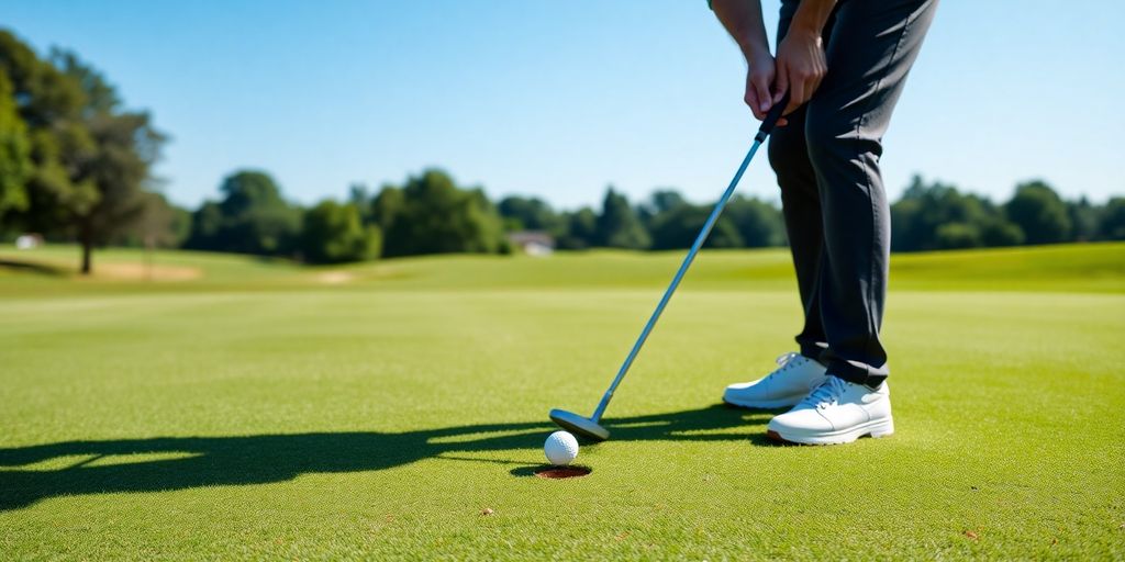 Golfer focusing on putting on a green golf course.
