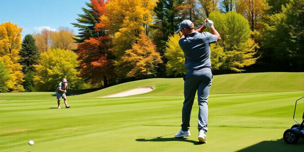 Golfer practicing swing on a sunny driving range.