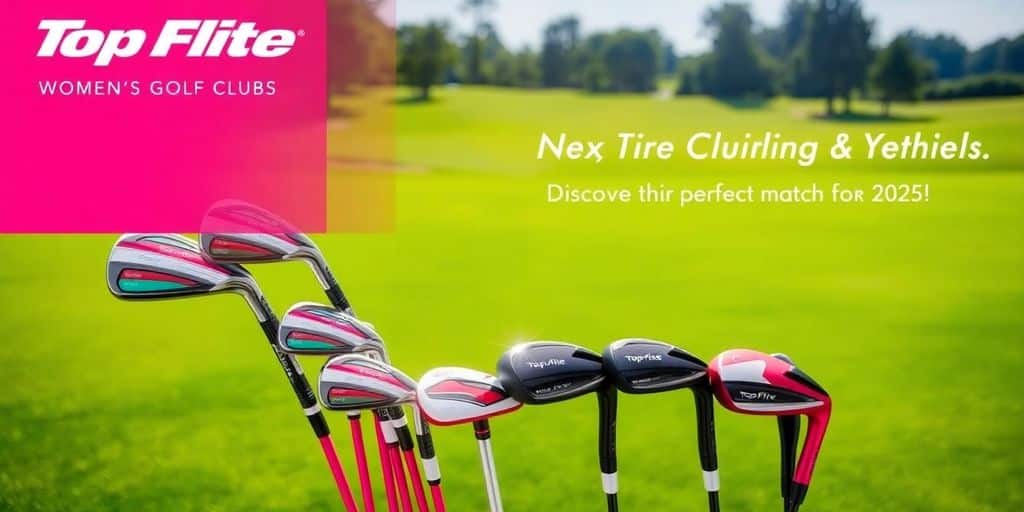 Colorful Top Flite women's golf clubs on a golf course.