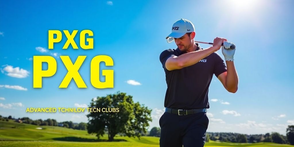 Professional golfer swinging PXG clubs on a golf course.