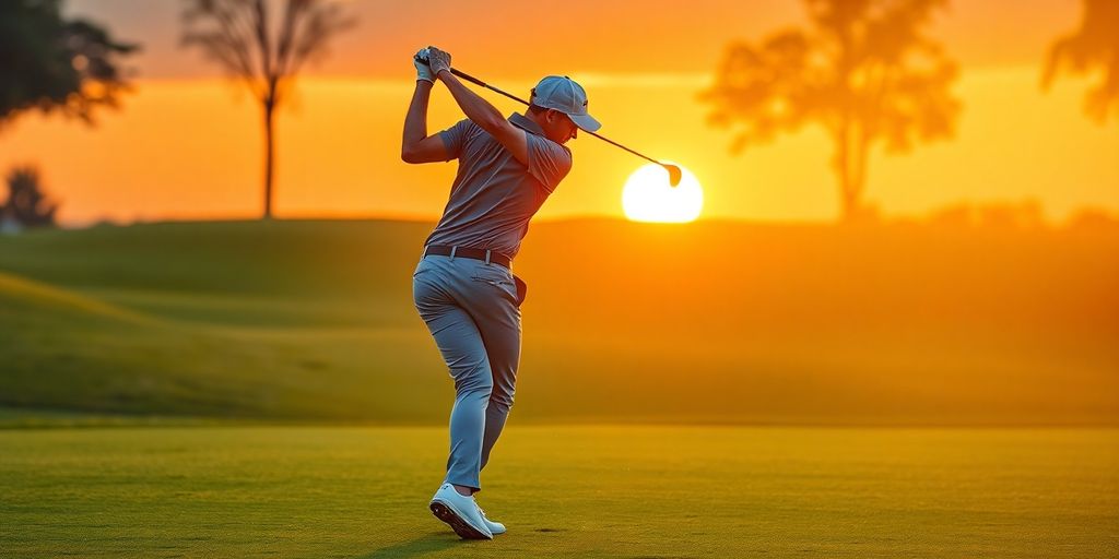 Golfer swinging with intensity on a green course.