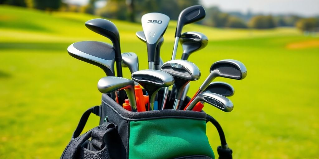 Golf bag with clubs on a beautiful green course.