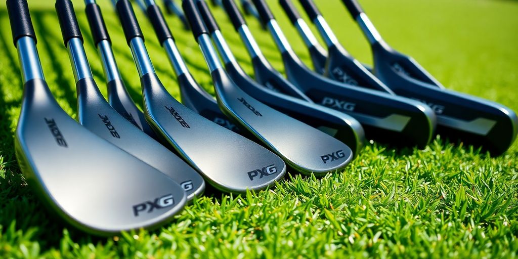 PXG golf clubs on a golf course, showcasing premium design.