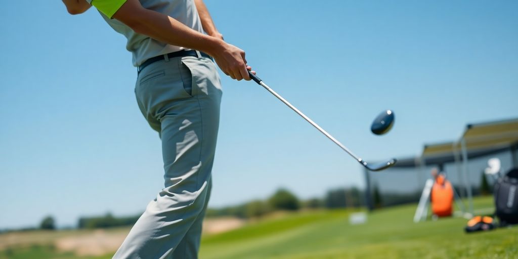 Golfer executing a swing on a driving range.