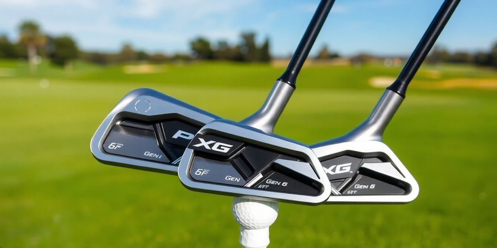 PXG Gen 6 Irons on golf tee with green background.