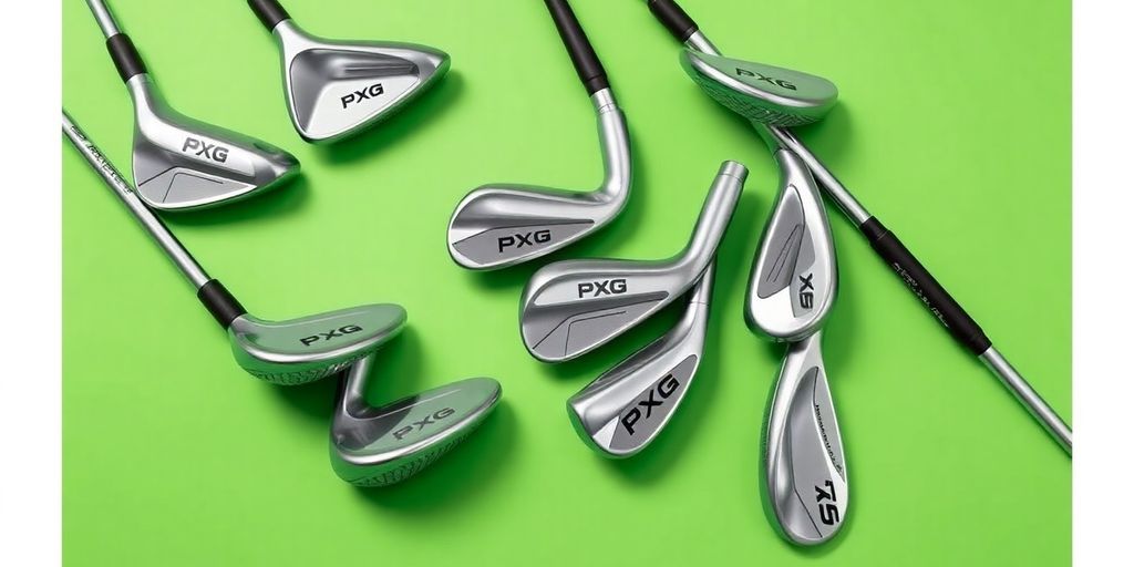 Close-up of PXG golf clubs on a green surface.