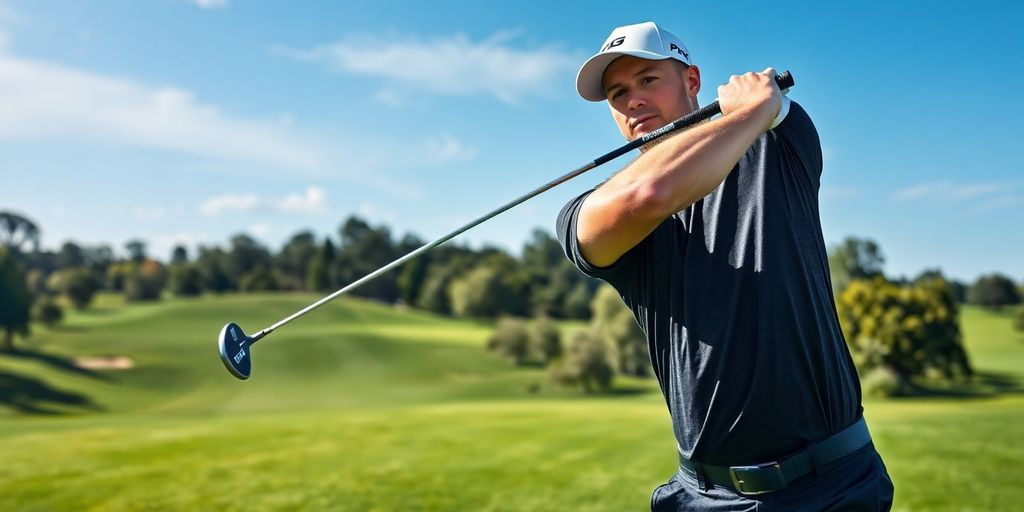 Professional golfer using PXG clubs on a golf course.
