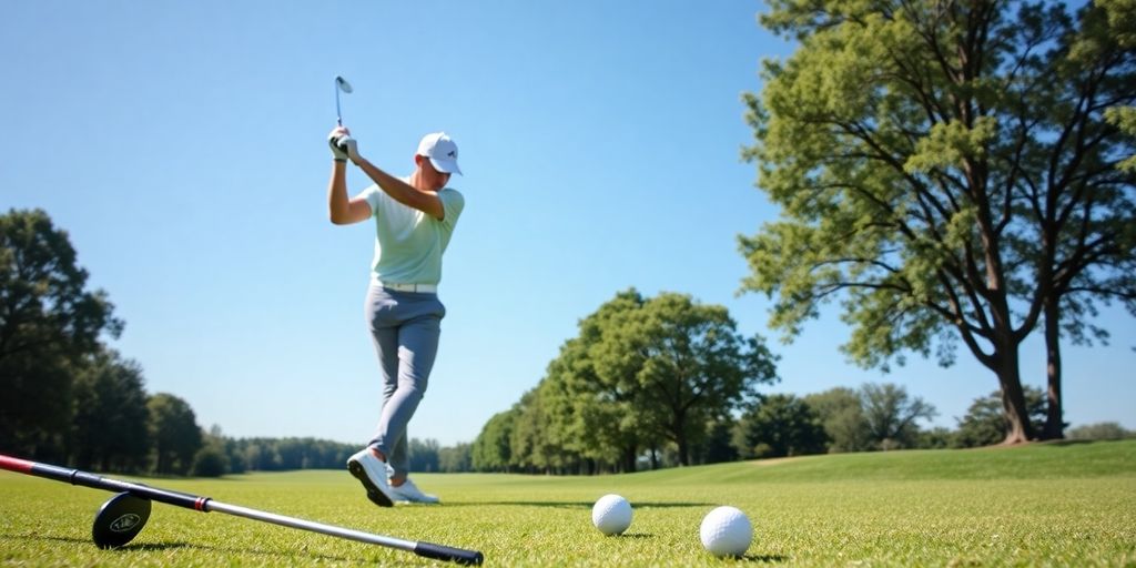 Golfer practicing their swing on a sunny golf course.