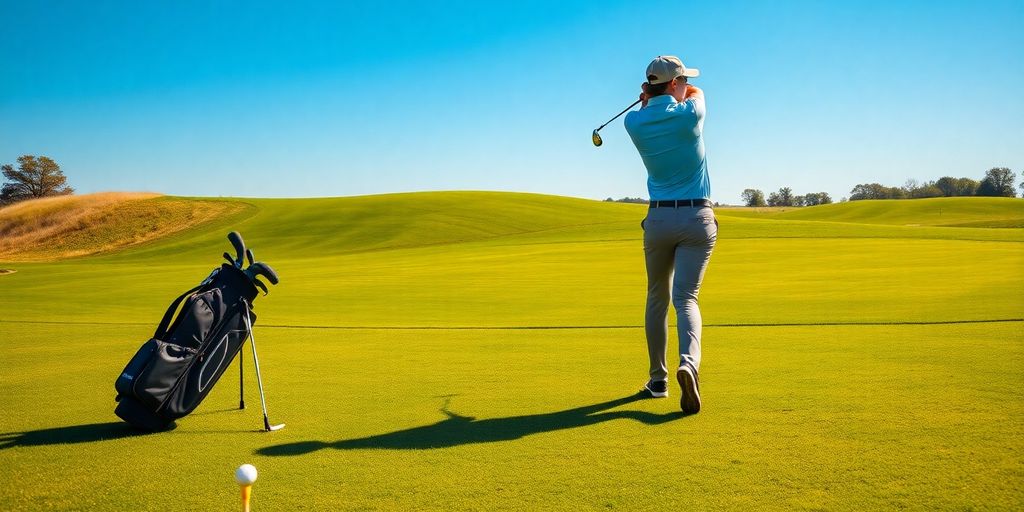 Golfer swinging on green course under clear blue sky.