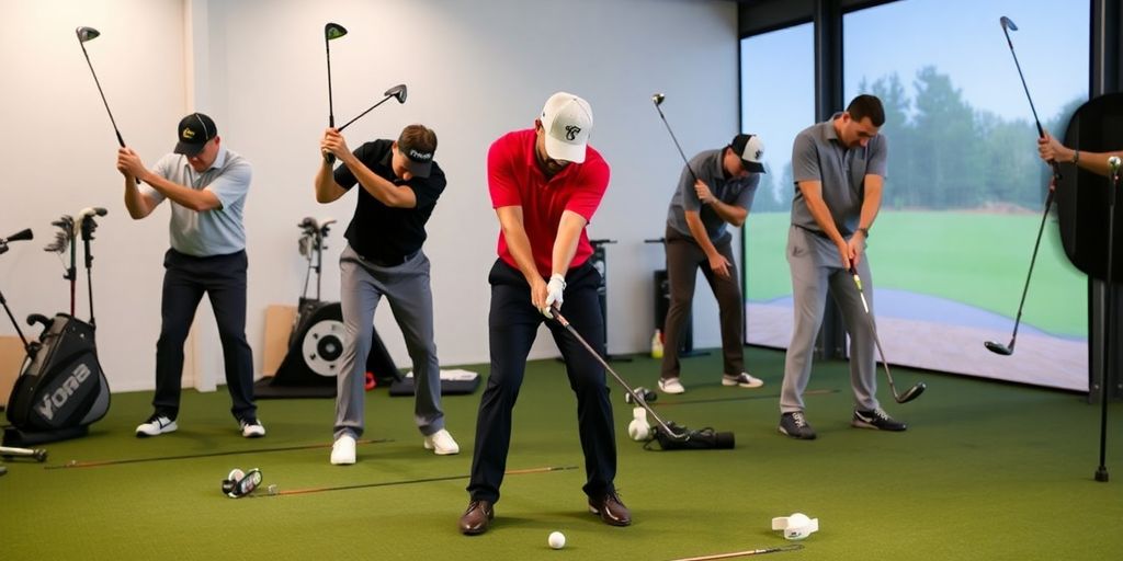 Golfers practicing swings indoors with training equipment.