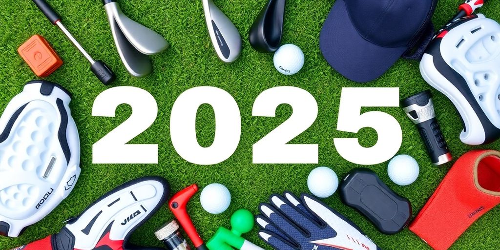 Flat lay of modern golf equipment on green grass.