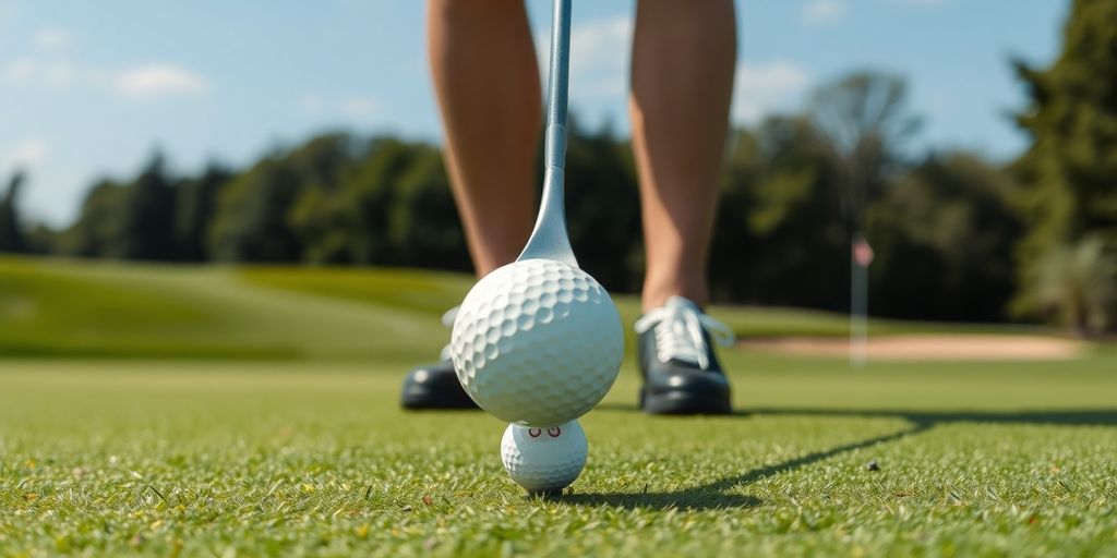 Golfer practicing short game on putting green.