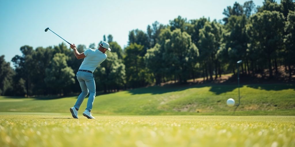Golfer swinging on a green course under blue skies.