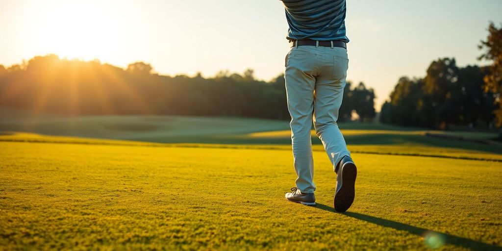 Golfer swinging club on a beautiful green golf course.
