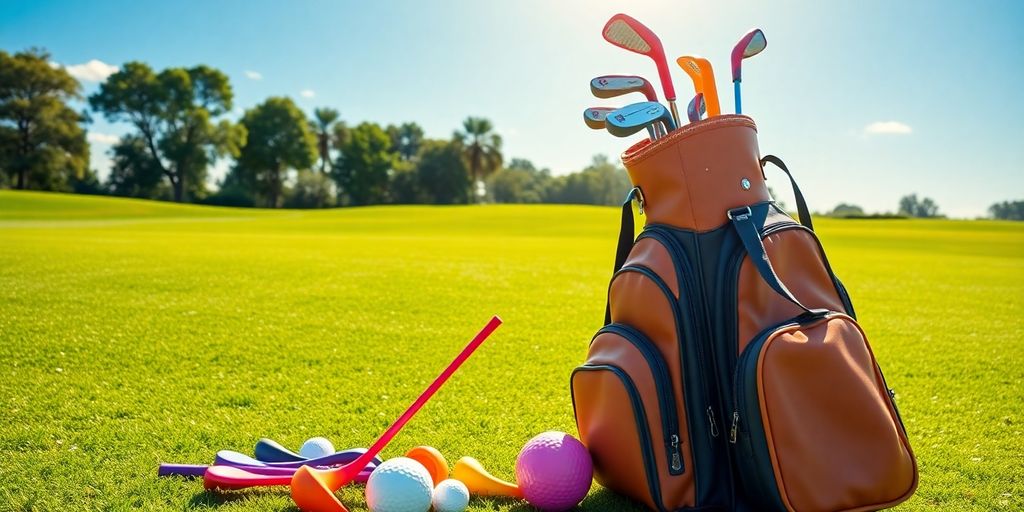 Colorful golf clubs and bag on a green course.