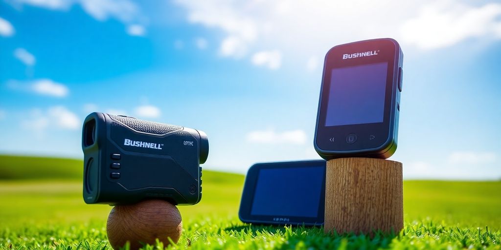 Latest Bushnell golf equipment on a green golf course.