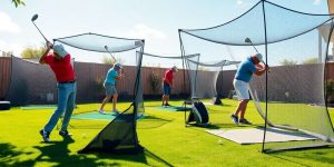 Golf hitting nets in a sunny backyard practice setup.