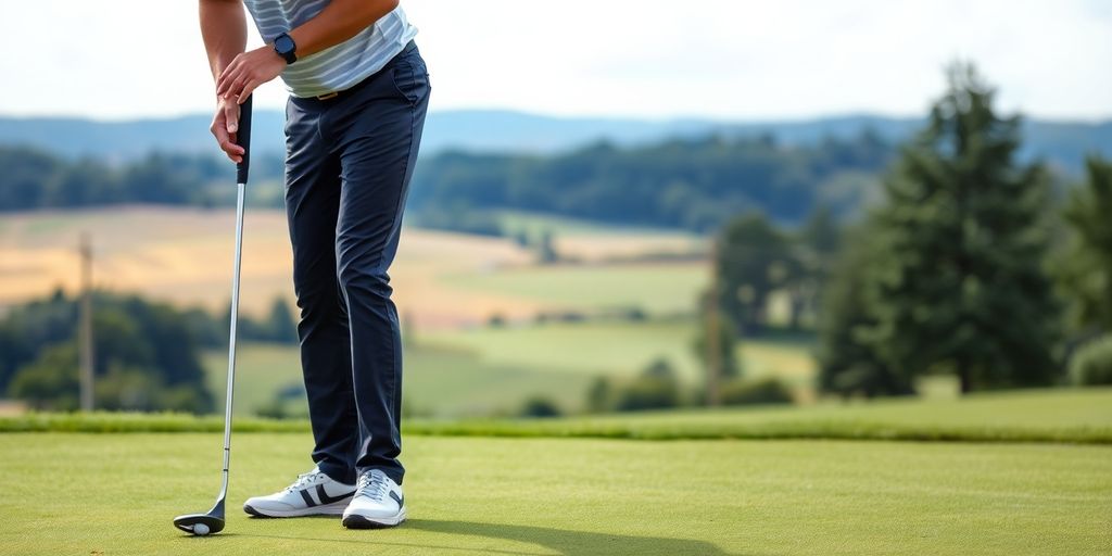 Golfer concentrating on putting on a beautiful golf course.