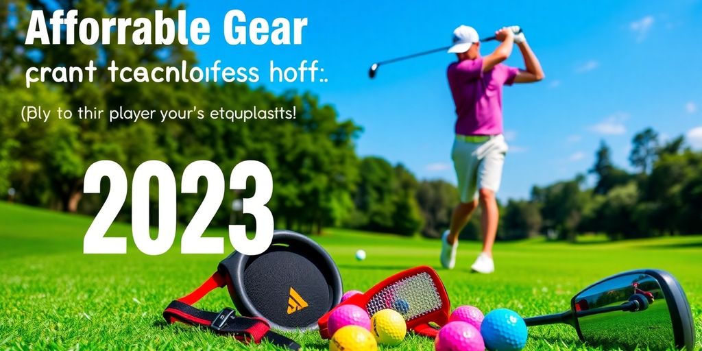 Golfer swinging club on a green course with golf equipment.