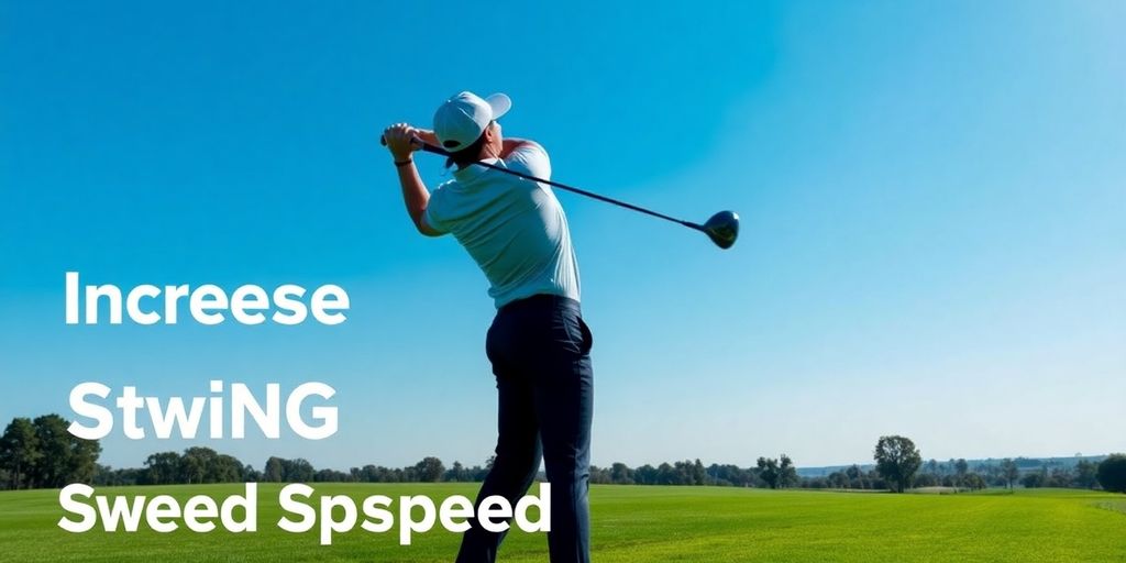 Golfer swinging a driver on a sunny golf course.