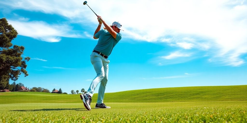 Golfer swinging PXG clubs on a sunny golf course.