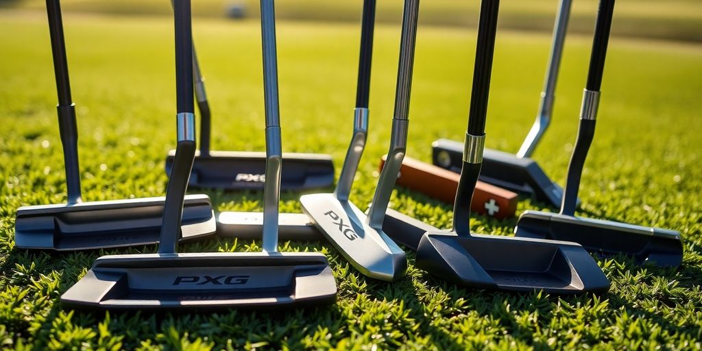 Close-up of PXG putters on a green golf course.