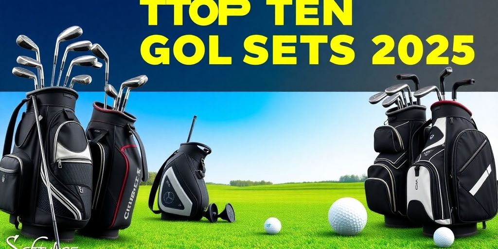 Colorful golf sets displayed on a green fairway.