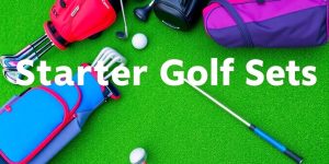 Starter golf sets on green grass for new players.