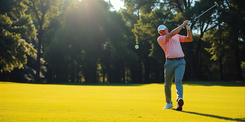 Golfer swinging on a vibrant green fairway.