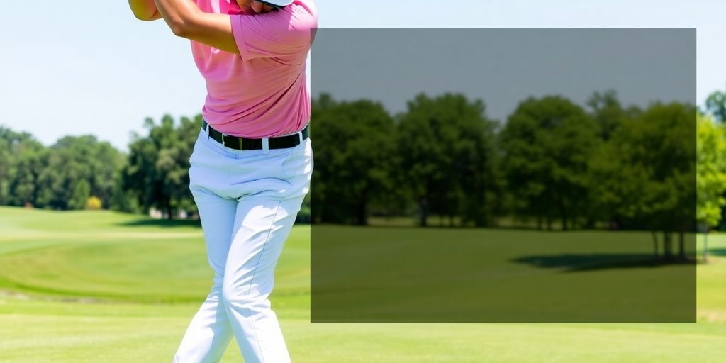 Golfer practicing follow-through technique on the course.