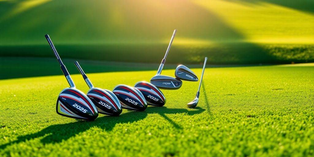 Close-up of 2025 Callaway golf clubs on green grass.