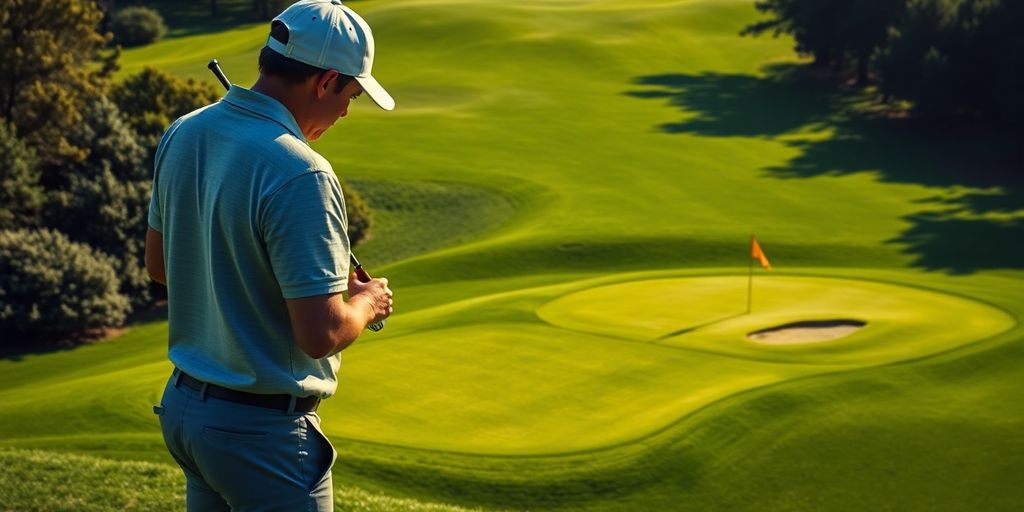 Golfer studying golf course layout and strategy.