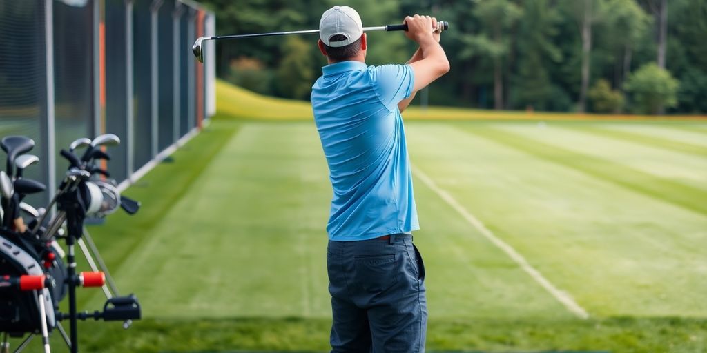 Golfer practicing iron shots at a driving range.