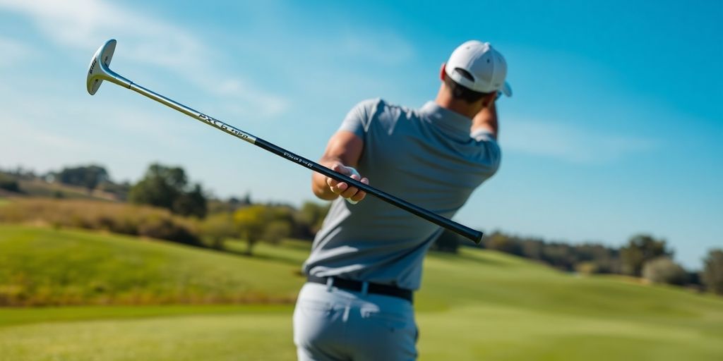 Golfer swinging PXG rental club on a golf course.