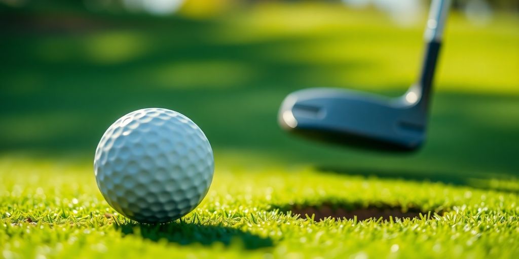 Golfer putts on green, ball nears hole.
