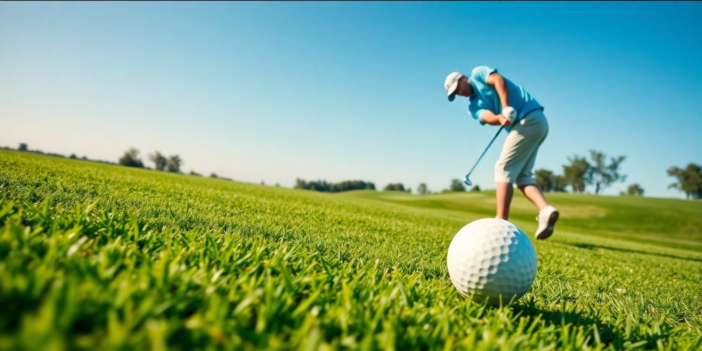 Golfer mid-swing on a pristine green, colorful clubs, bright sun.
