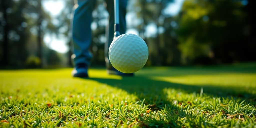 Golfer mid-swing, ball airborne, green in background.