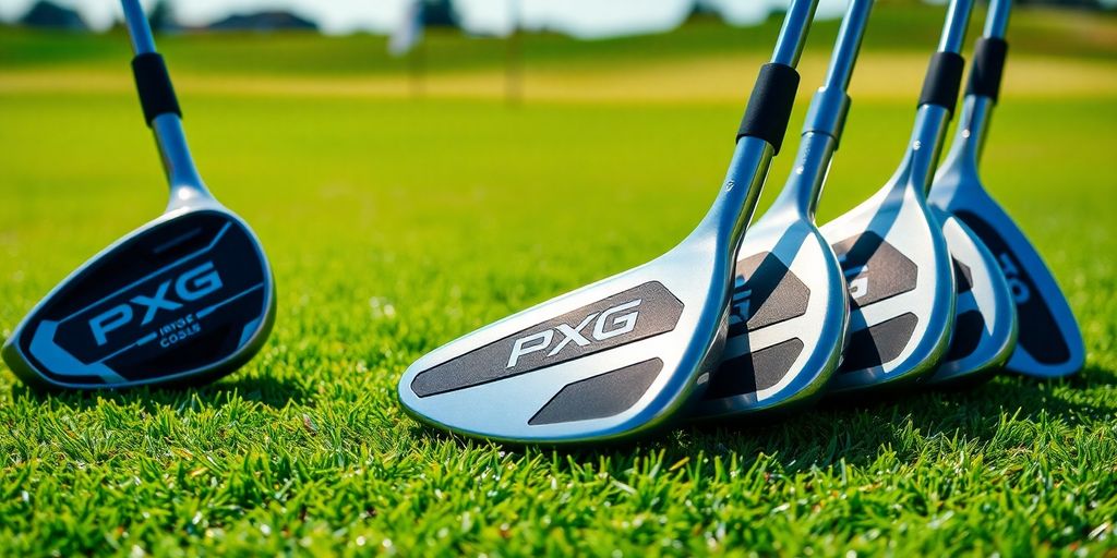 PXG golf clubs on green.