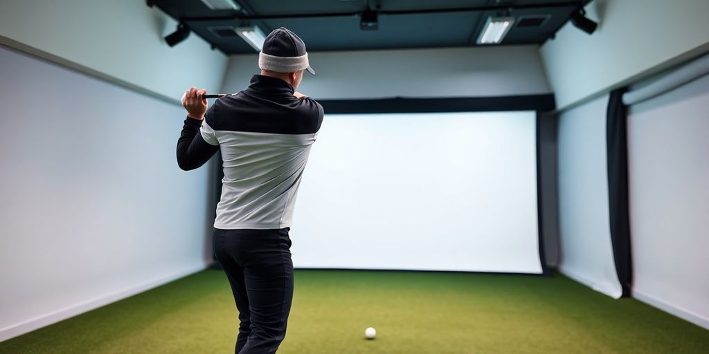 Golfer in indoor studio swinging