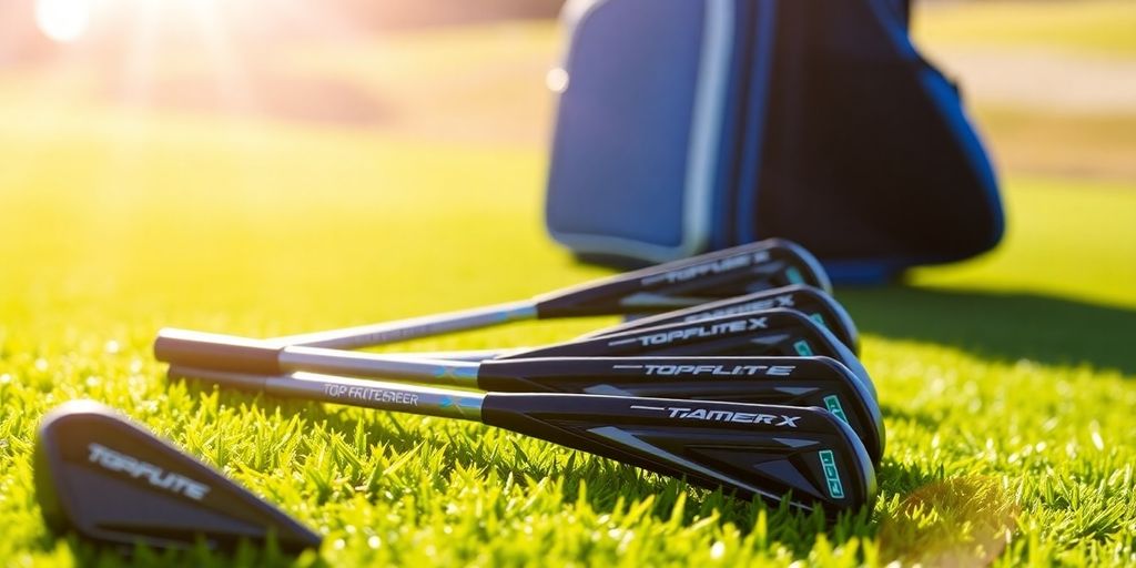 Golf clubs resting on green grass.