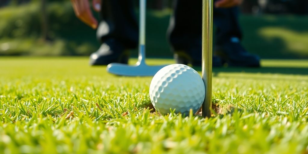 Golfer putting on green, close-up, golf ball dropping.
