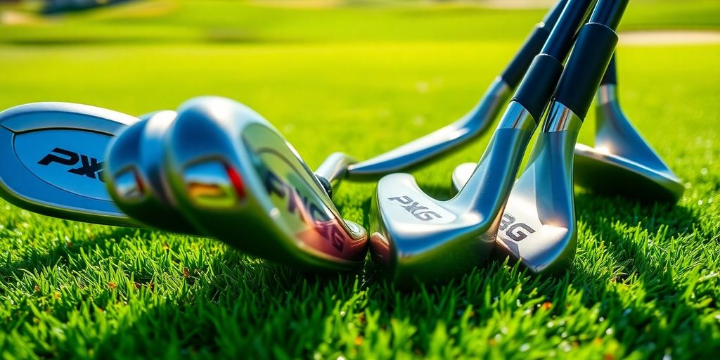 Set of PXG golf clubs on green grass.