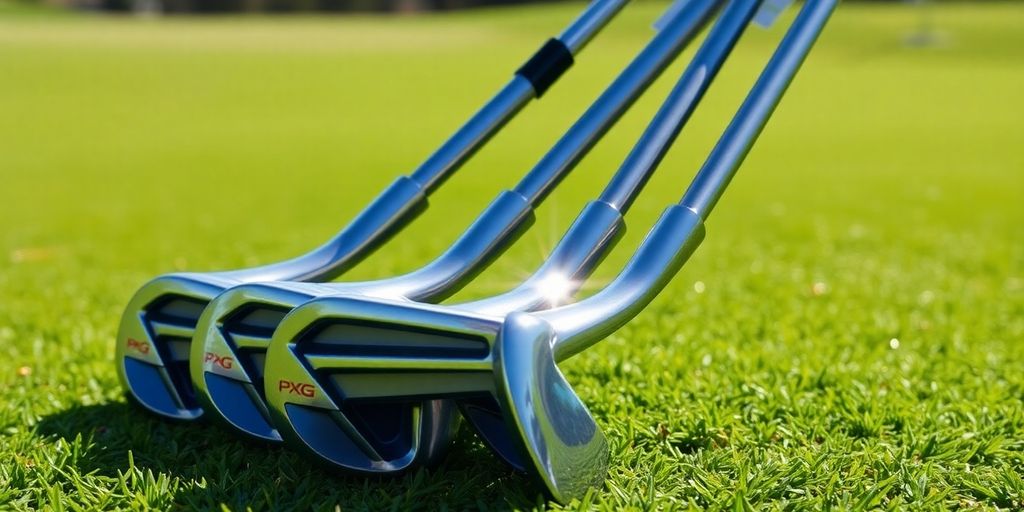 Used PXG left-handed golf irons on a green.