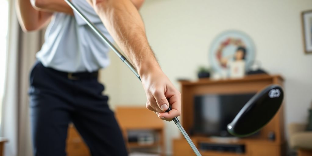 Golfer practicing swing indoors.