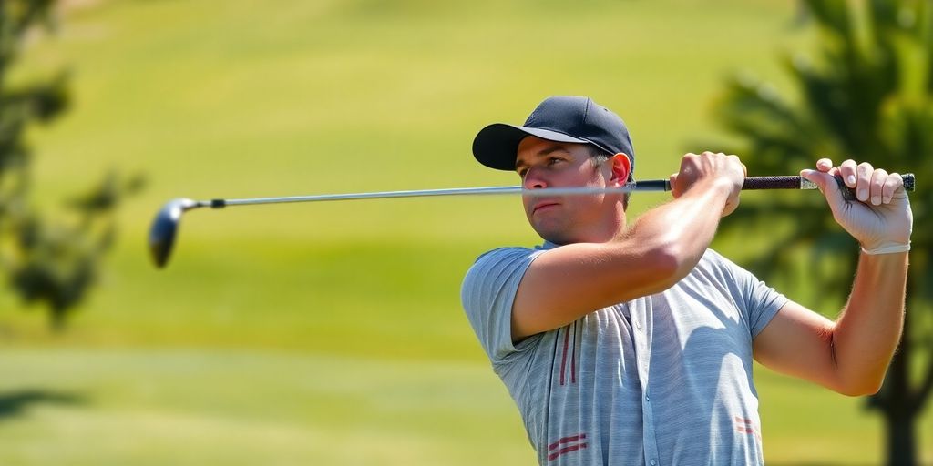 Golfer swinging, exercising to increase club head speed.