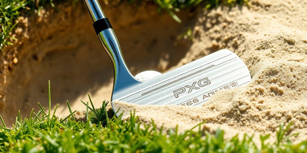 PXG sand wedge resting in a golf course sand trap.