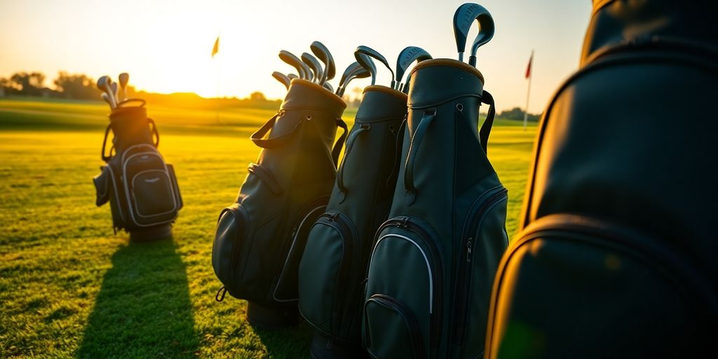 Assorted golf bags on a green golf course.