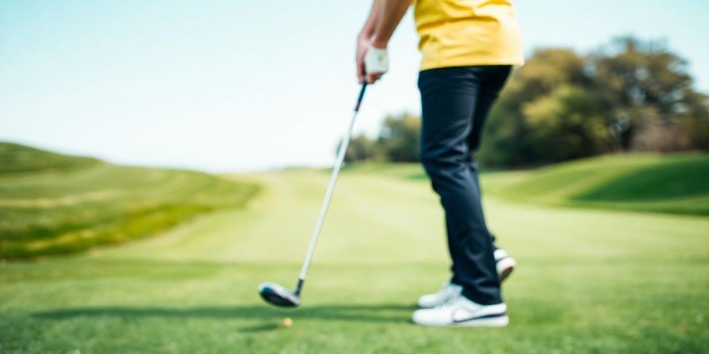 Golfer mid-swing on driving range, green grass, blue sky.