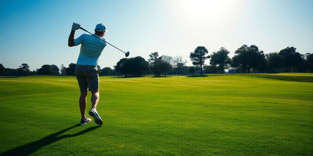 Golfer swinging club on green course, sunny day.
